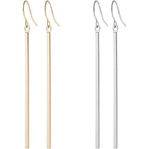 2 Pairs Minimalist Vertical Long Bar Earrings Gold Silver Plated Drop Line Dangle Geometric Jewelry for Women Girls Set