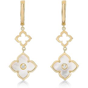 Mother of Pearl, Black Onyx or Green Malachite with Cubic Zirconia Flower Dangling Drop Earrings for Women in 925 Sterling Silver with Hinged Back by Lavari Jewelers