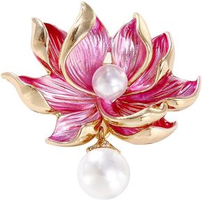Pink Lotus Flower Brooch Pin Enamel Flower with White Pearl Lapel Pin Dainty Pearl Lotus Safty Pin Gift for Women Girls Mother's Day Gift