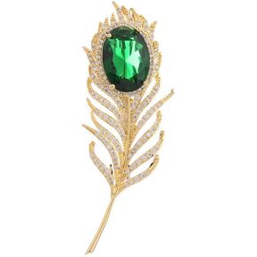 14K Gold Plated Feather Brooch Pin for Women Men With Simulated Emerald Cubic Zirconia Rhinestone Lapel Suit Badges Brooches Pins Fashion Delicate Corsage Scarfts Jewelry Gifts Wedding Birthday