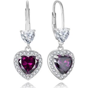 Halo Double Heart Leverback Earrings - Guesma 7x7+5x5mm Sterling Silver Dangle Drop Earrings for Women Created Birthstone - Wedding Earrings Jewelry