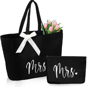 Cunno Bride Bag with Makeup Bag, Mrs Tote Bag, Bridal Shower Gifts for Bride, Wedding Bachelorette Bride Gifts, MRS Polyester Tote Bag and Zipper Cosmetic Bag for Women Miss to Mrs