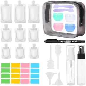 24 Pack Travel Pouches for Toiletries, Flat Travel Bottles, TSA Approved Travel Containers for Toiletries Leak Proof Refillable Squeeze Pouches Set with Toiletry Bag