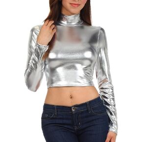 Sakkas Metallic Liquid Mock Neck Turtleneck Long Sleeve Crop Top - Made in USA