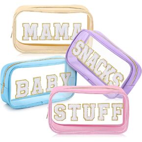 4 Pcs Mama and Baby Toiletry Bag Clear Chenille Letter Pouch Snacks Makeup Bag Stuff Travel Cosmetic Bag Preppy Transparent Bag with Zipper for Women Girls