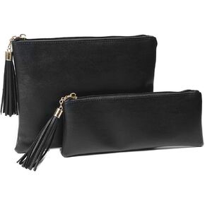 Makeup Bag for Purse,Set of 2 Leather Zipper Makeup Pouch with Makeup Brush Bag Cute Makeup Bags for Women Travel (Black)