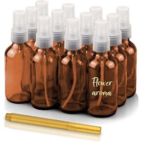 2oz Glass Spray Bottles with Gold Pen Marker, Small Fine Mist Spray Bottle, Refillable, Empty, for Hair Spray, Essential Oils, Colognes, and Hand Sanitizers, Amber, Pack of 12