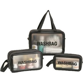 Clear Travel Bags for Toiletries, 3Pcs Portable PVC Waterproof Cosmetic Bags, Transparent Travel Storage Carry Pouch, Toiletry Bags and Cosmetics Organizer for Women Men (Black)