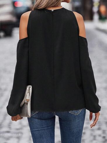 OYOANGLE Women's Cut Out Criss Cross Long Sleeve Cold Shoulder Halter Blouse Tops in Saudi Arabia