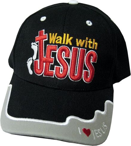 Walk with Jesus Black Canvas Cap with Embroidery | One Size Fits All | Hook & Loop Closure | 100% Polyester | Adjustable Band in Back | 6 Panel hat w/ 6 Eyelets in Kuwait