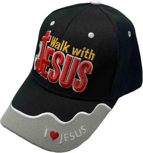 Walk with Jesus Black Canvas Cap with Embroidery | One Size Fits All | Hook & Loop Closure | 100% Polyester | Adjustable Band in Back | 6 Panel hat w/ 6 Eyelets in Kuwait