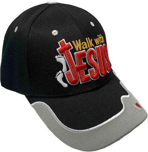 Walk with Jesus Black Canvas Cap with Embroidery | One Size Fits All | Hook & Loop Closure | 100% Polyester | Adjustable Band in Back | 6 Panel hat w/ 6 Eyelets in Kuwait