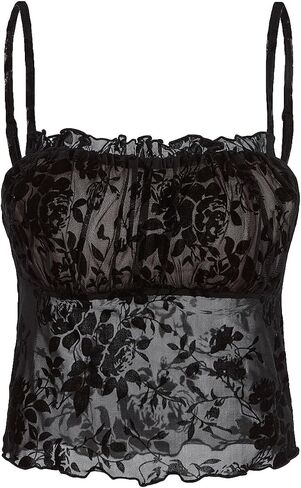 COZYEASE Women's Floral Print Lace Mesh Cami Crop Top Y2K Sleeveless Frill Lettuce Trim Ruched Bust Camisole in Saudi Arabia