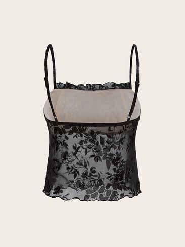 COZYEASE Women's Floral Print Lace Mesh Cami Crop Top Y2K Sleeveless Frill Lettuce Trim Ruched Bust Camisole in Saudi Arabia