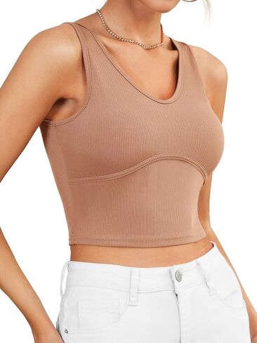 Rooscier Women's Ribbed Knit V Neck Sleeveless Slim Fitted Cropped Cami Tank Top in Saudi Arabia