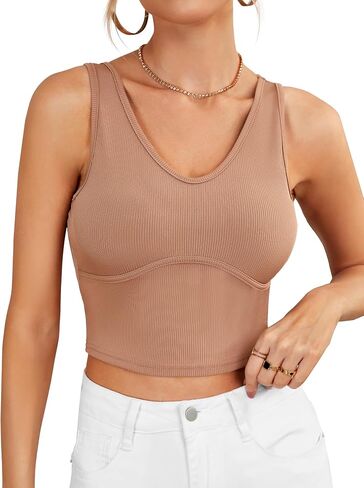 Rooscier Women's Ribbed Knit V Neck Sleeveless Slim Fitted Cropped Cami Tank Top in Saudi Arabia