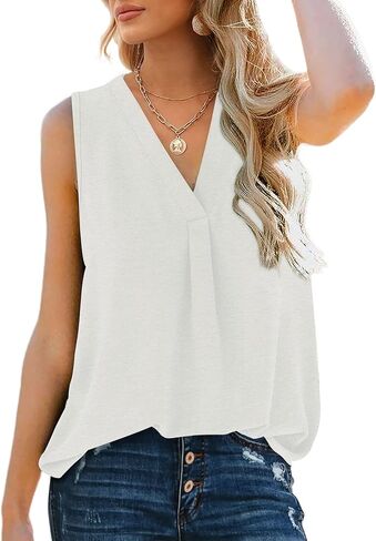 تي شيرت بدون أكمام للسيدات صيفي بياقة على شكل V وبلوزات كاجوال بدون أكمام وبلوزات فضفاضة in Kuwait