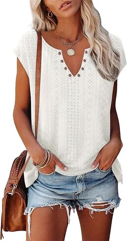 XIEERDUO Womens Summer Tops Cap Sleeves Eyelet Fabric Tshirts V Neck Tank Tops Loose Fit in Saudi Arabia