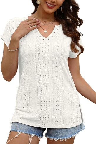 XIEERDUO Womens Summer Tops Cap Sleeves Eyelet Fabric Tshirts V Neck Tank Tops Loose Fit in Saudi Arabia