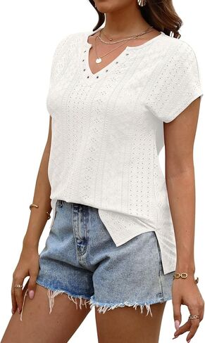 XIEERDUO Womens Summer Tops Cap Sleeves Eyelet Fabric Tshirts V Neck Tank Tops Loose Fit in Saudi Arabia