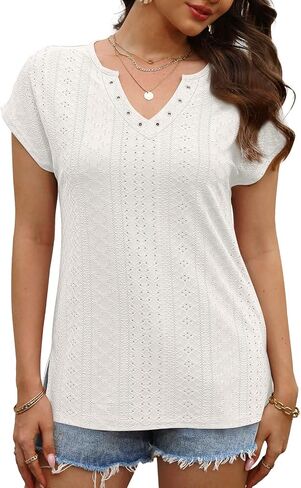 XIEERDUO Womens Summer Tops Cap Sleeves Eyelet Fabric Tshirts V Neck Tank Tops Loose Fit in Saudi Arabia