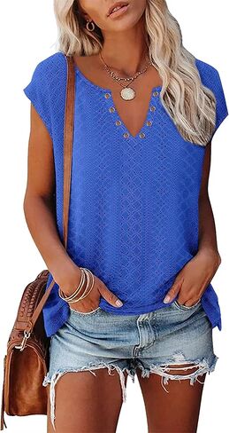 XIEERDUO Womens Summer Tops Cap Sleeves Eyelet Fabric Tshirts V Neck Tank Tops Loose Fit in Saudi Arabia