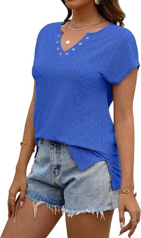 XIEERDUO Womens Summer Tops Cap Sleeves Eyelet Fabric Tshirts V Neck Tank Tops Loose Fit in Saudi Arabia