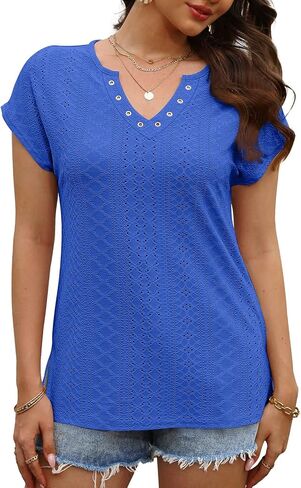 XIEERDUO Womens Summer Tops Cap Sleeves Eyelet Fabric Tshirts V Neck Tank Tops Loose Fit in Saudi Arabia