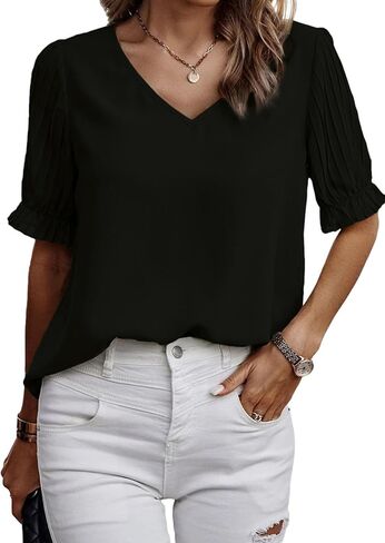 SHEWIN Women's Casual V Neck Solid Basic Pleated Short Sleeve Loose Fit Chiffon Blouses Tops Tshirts in Kuwait