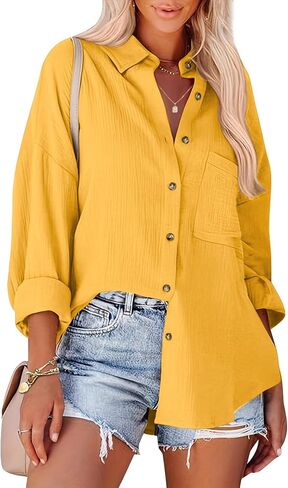 Sucolan Womens Cotton Button Down Shirt Casual Long Sleeve Loose Fit Collared Work Blouse Tops with Pocket in Kuwait
