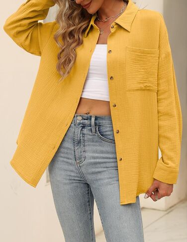 Sucolan Womens Cotton Button Down Shirt Casual Long Sleeve Loose Fit Collared Work Blouse Tops with Pocket in Kuwait