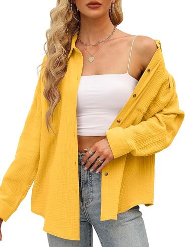 Sucolan Womens Cotton Button Down Shirt Casual Long Sleeve Loose Fit Collared Work Blouse Tops with Pocket in Kuwait