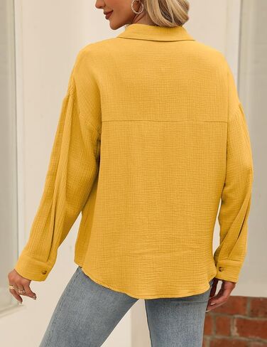 Sucolan Womens Cotton Button Down Shirt Casual Long Sleeve Loose Fit Collared Work Blouse Tops with Pocket in Kuwait