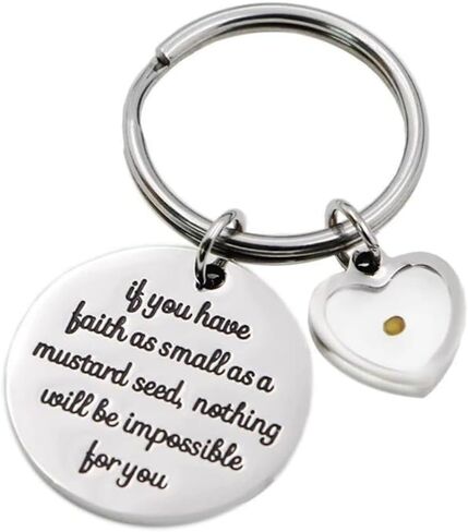 The Positive Christian Mustard Seed Heart Key Chain - Stainless Steel Christian Keyring with Real Mustard Seed Charm - Christian Gifts for Women & Men Faith - Religious Jewelry Gift in Kuwait