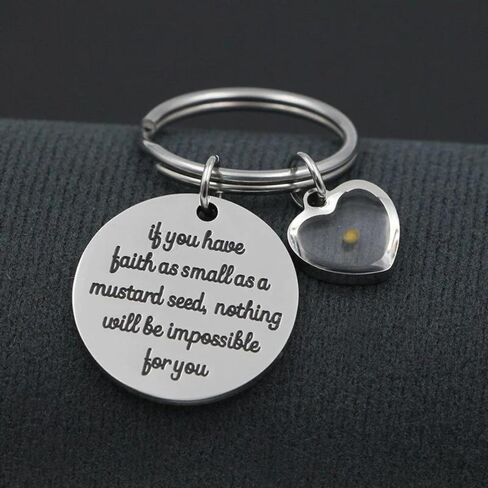 The Positive Christian Mustard Seed Heart Key Chain - Stainless Steel Christian Keyring with Real Mustard Seed Charm - Christian Gifts for Women & Men Faith - Religious Jewelry Gift in Kuwait