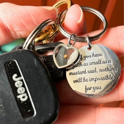 The Positive Christian Mustard Seed Heart Key Chain - Stainless Steel Christian Keyring with Real Mustard Seed Charm - Christian Gifts for Women & Men Faith - Religious Jewelry Gift in Kuwait