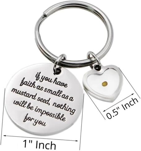 The Positive Christian Mustard Seed Heart Key Chain - Stainless Steel Christian Keyring with Real Mustard Seed Charm - Christian Gifts for Women & Men Faith - Religious Jewelry Gift in Kuwait