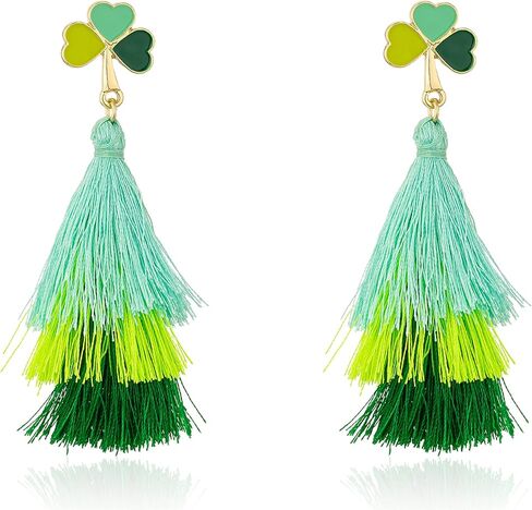 St Patrick's Day Earrings for Women, Shamrock Layered Tassel Earrings, Irish Green Clover Earrings for Women, St Patrick's Day Accessories, Bohemian Green Tassel Earrings, Medium, Zinc, No Gemstone in Kuwait