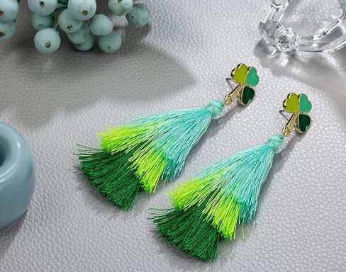 St Patrick's Day Earrings for Women, Shamrock Layered Tassel Earrings, Irish Green Clover Earrings for Women, St Patrick's Day Accessories, Bohemian Green Tassel Earrings, Medium, Zinc, No Gemstone in Kuwait