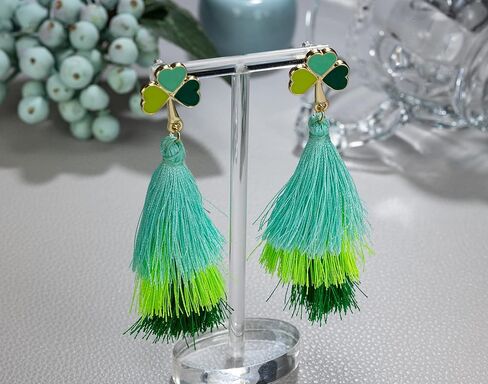 St Patrick's Day Earrings for Women, Shamrock Layered Tassel Earrings, Irish Green Clover Earrings for Women, St Patrick's Day Accessories, Bohemian Green Tassel Earrings, Medium, Zinc, No Gemstone in Kuwait