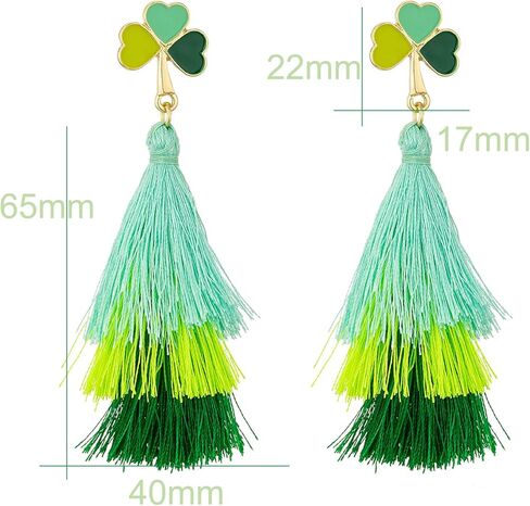 St Patrick's Day Earrings for Women, Shamrock Layered Tassel Earrings, Irish Green Clover Earrings for Women, St Patrick's Day Accessories, Bohemian Green Tassel Earrings, Medium, Zinc, No Gemstone in Kuwait