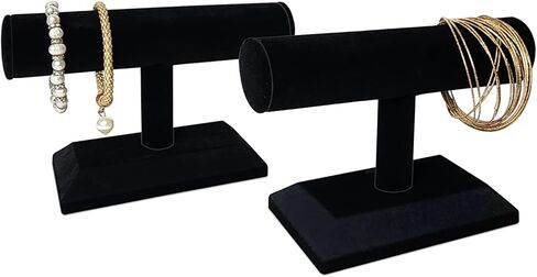 ايكي ديزاين مجموعة من قطعتين حامل اساور خشبي مغطى بالمخمل لعرض المجوهرات والساعات والاساور والمجوهرات والاساور الحلقية وحامل الاساور الحلقية على شكل حرف T لتنظيم المنزل، لون اسود in Kuwait