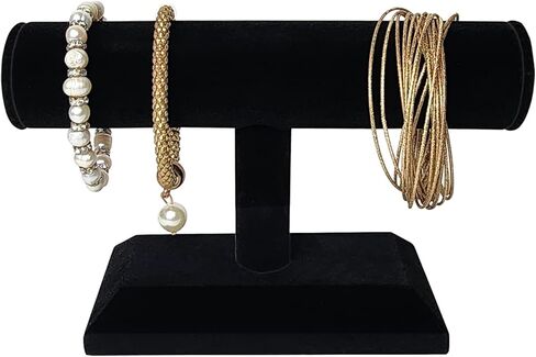 ايكي ديزاين مجموعة من قطعتين حامل اساور خشبي مغطى بالمخمل لعرض المجوهرات والساعات والاساور والمجوهرات والاساور الحلقية وحامل الاساور الحلقية على شكل حرف T لتنظيم المنزل، لون اسود in Kuwait