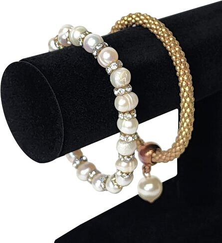 ايكي ديزاين مجموعة من قطعتين حامل اساور خشبي مغطى بالمخمل لعرض المجوهرات والساعات والاساور والمجوهرات والاساور الحلقية وحامل الاساور الحلقية على شكل حرف T لتنظيم المنزل، لون اسود in Kuwait