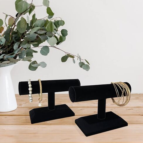 ايكي ديزاين مجموعة من قطعتين حامل اساور خشبي مغطى بالمخمل لعرض المجوهرات والساعات والاساور والمجوهرات والاساور الحلقية وحامل الاساور الحلقية على شكل حرف T لتنظيم المنزل، لون اسود in Kuwait