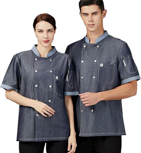 Unisex Silky Chef Coat - Tencel Denim Chef Jacket Lightweight Short Chef Shirt Restaurant Uniform in Kuwait