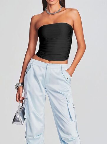 CSDAJIO Women's Ruched Side Strapless Crop Tube Top Double Lined Seamless Bandeau Top Going Out Summer Shirt in Kuwait