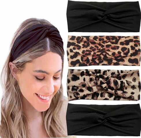 Hjiaruiky 4Pcs Turban Headbands for Women Boho Stretchy Fashion Headbands Fabric Twist Knotted Cloth Cute Thick Headband Head Wraps for Womens Girls Yoga Black in Kuwait