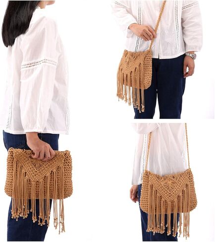 حقيبة يد نسائية من Ayliss منسوجة يدويًا عبر الجسم مصنوعة من القطن والكروشيه حقيبة يد كتف صيفية للشاطئ مصنوعة يدويًا بشرابة in Kuwait