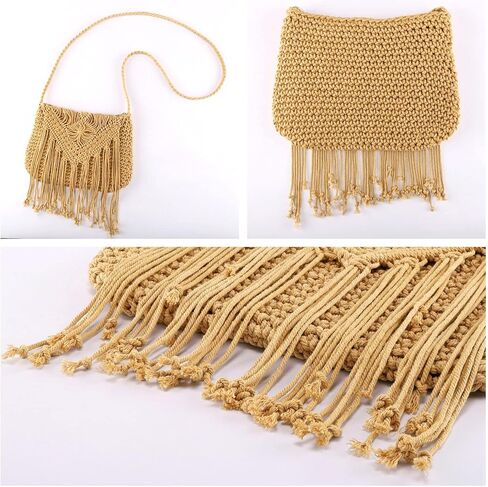 حقيبة يد نسائية من Ayliss منسوجة يدويًا عبر الجسم مصنوعة من القطن والكروشيه حقيبة يد كتف صيفية للشاطئ مصنوعة يدويًا بشرابة in Kuwait